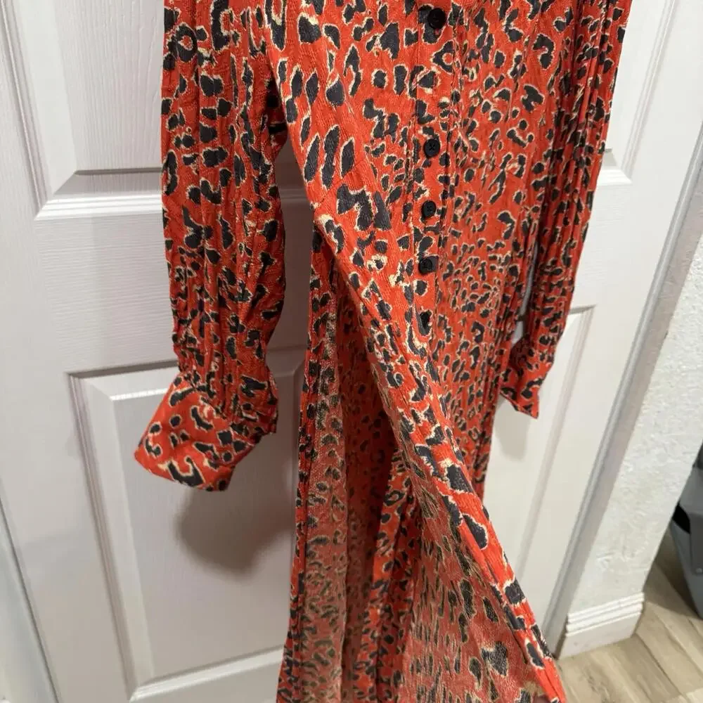 Free People Cest Moi Leopard Print Long Maxi Top, Orange Red,‎ Medium, RRP $148